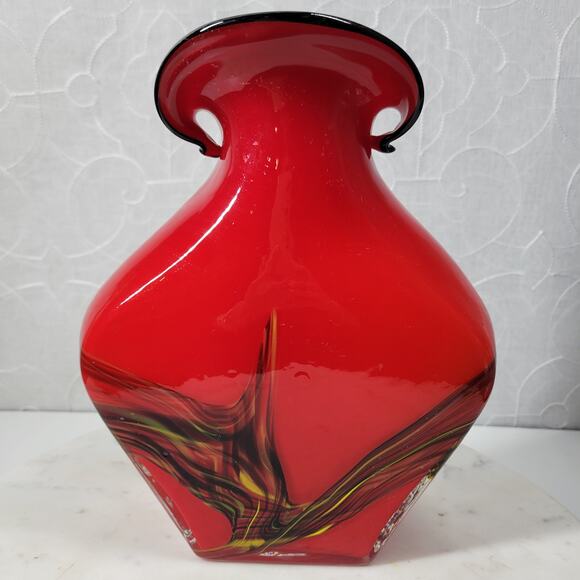 Vintage Hand Blown Art Glass Vase 10"‎ Red Abstract Swirl Flared Rim - Picture 11 of 13